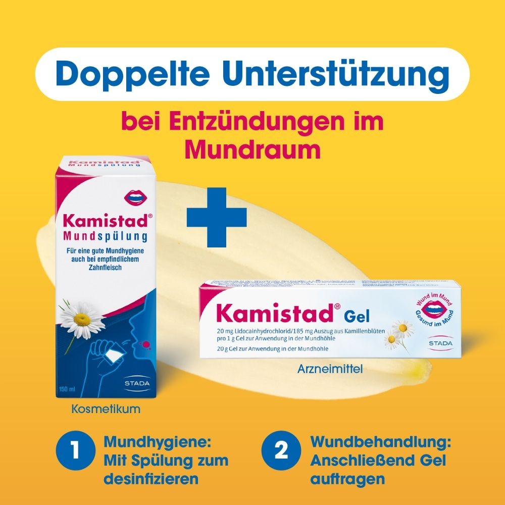 Kamistad® Mundspülung und Kamistad® Gel. Doppelte Unterstützung bei Entzündungen im Mundraum.