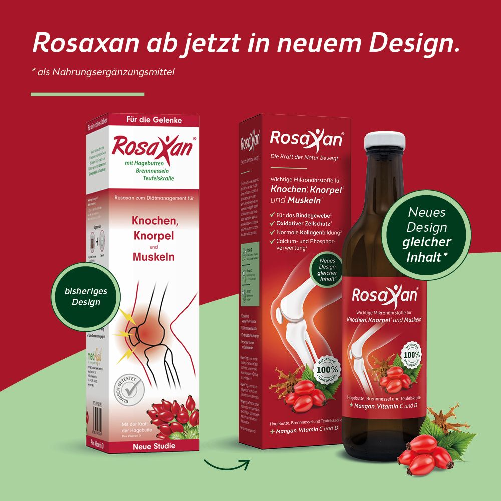 Rosaxan Saft / Tabletten – Nährstoffe für Knorpel, Knochen, Muskelfunktion und Bindegewebe – mit Hagebutte, Teufelskralle und Brennnessel
