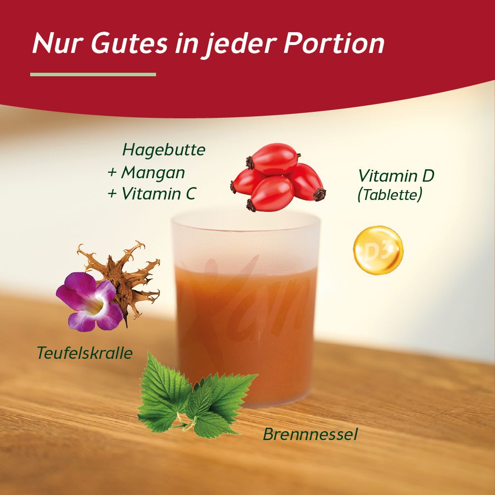 Glas mit Flüssigkeit, Hagebutte, Brennnessel, Teufelskralle und Vitamin D Tablette. Text: Nur Gutes in jeder Portion.