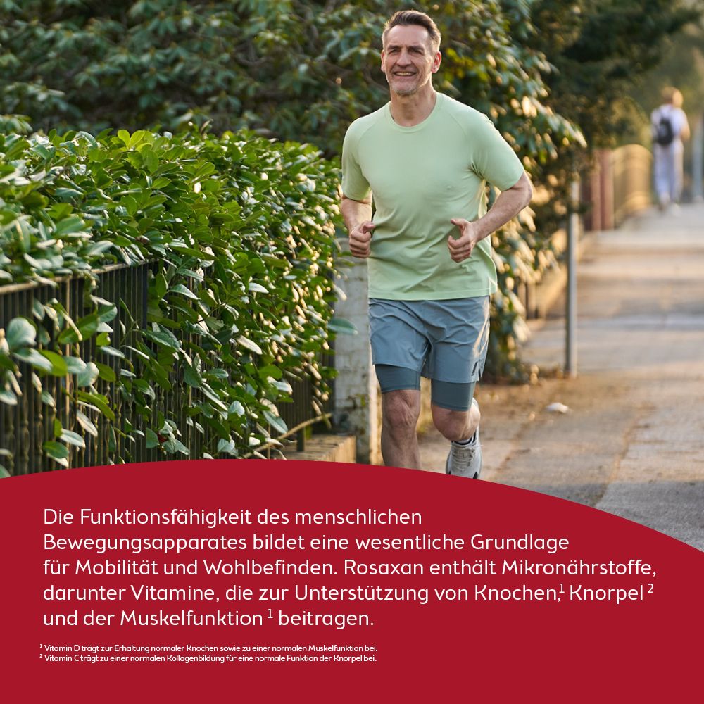 Mann joggt. Text: RosaXan enthält Mikronährstoffe, darunter Vitamine, die zur Unterstützung von Knochen, Knorpel und Muskelfunktion beitragen.