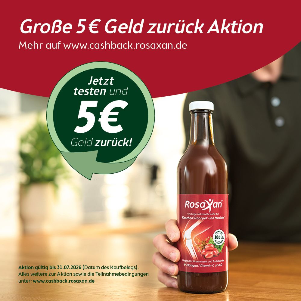 Hand hält Flasche RosaXan. Text: Große 5€ Geld zurück Aktion. Jetzt testen und 5€ Geld zurück!