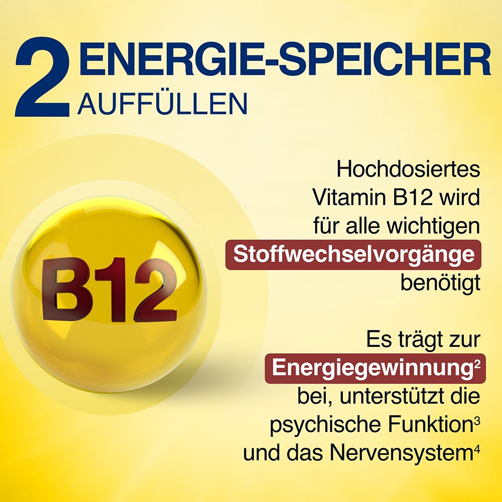 Energie speichern mit hochdosiertem Vitamin B12 für Stoffwechsel und Nervensystem.