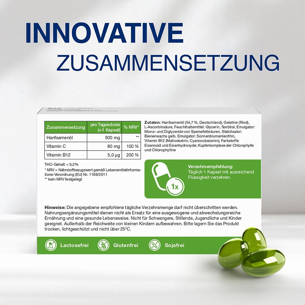 Rückseite einer Packung GELENCIUM® Cannabis Plus Kapseln mit Nährwertangaben.