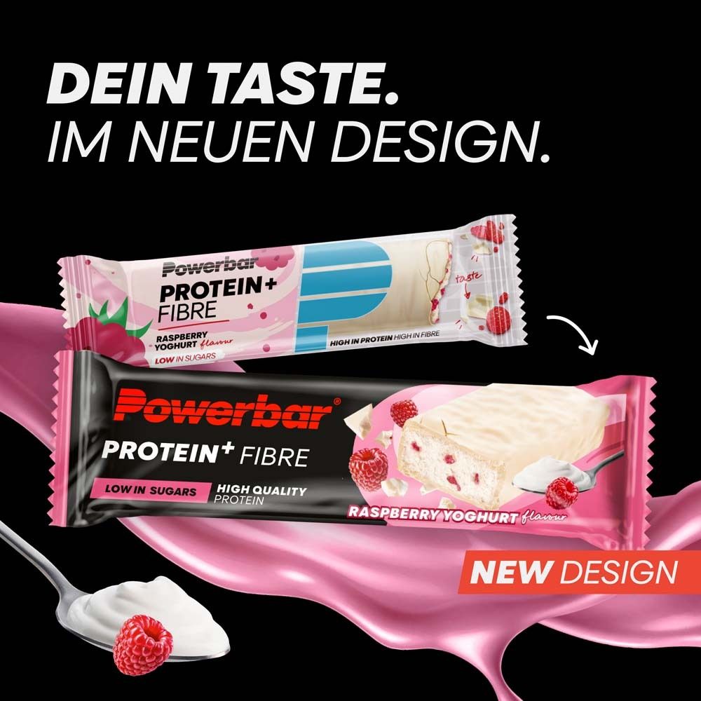 Zwei Proteinriegel mit Himbeer-Joghurt-Geschmack. Verpackung in Rosa und Schwarz. Text: 'NEUES DESIGN'.