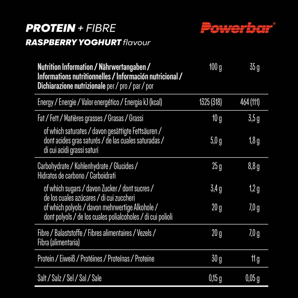 Nährwerttabelle für Proteinriegel. Enthält Informationen zu Energie, Fett, Kohlenhydraten, Zucker, Ballaststoffen und Protein.