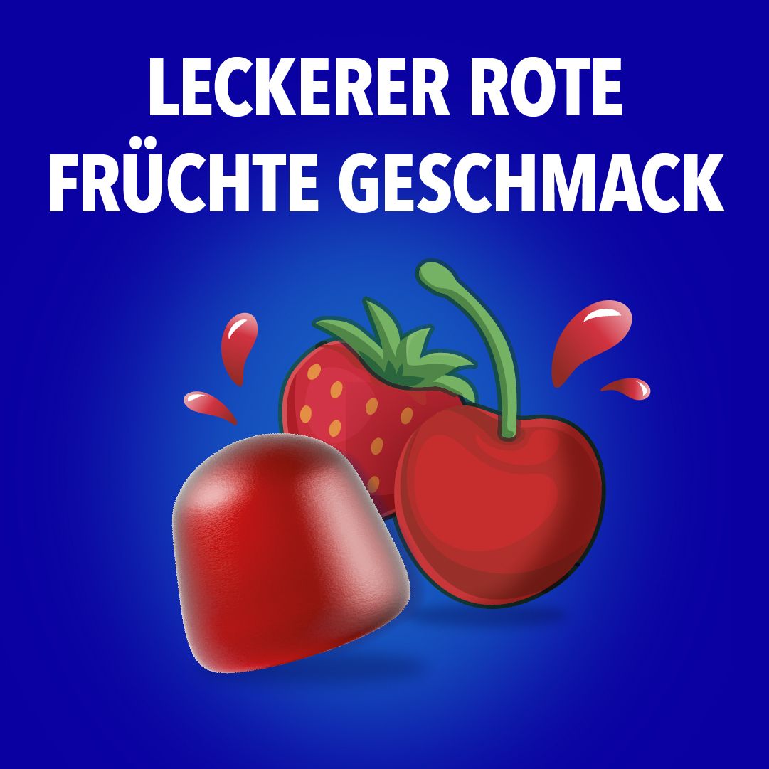 Grafik: LECKERER ROTE FRÜCHTE GESCHMACK. Erdbeere, Kirsche und rote Weichgummi-Abbildung.