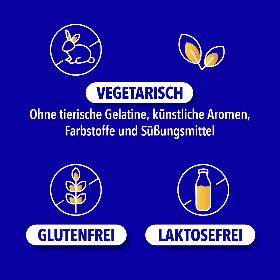 Grafik: Vegetarisch, glutenfrei, laktosefrei. Ohne tierische Gelatine, künstliche Aromen, Farbstoffe und Süßungsmittel.