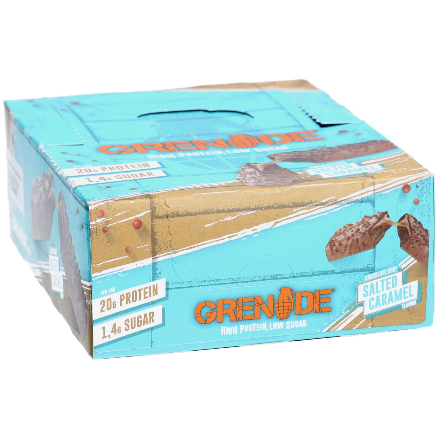 Blau-braune Verpackung mit Proteinriegeln. Aufschrift: GRENADE, Salted Caramel, 20g Protein, 1.4g Zucker.