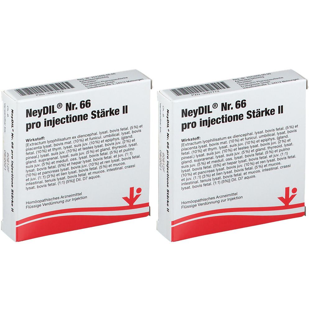 Zwei weiße Kartons mit roter Unterseite. Aufgedruckt: NeyDil Nr. 66 pro injectione Stärke II. Text und Logos.