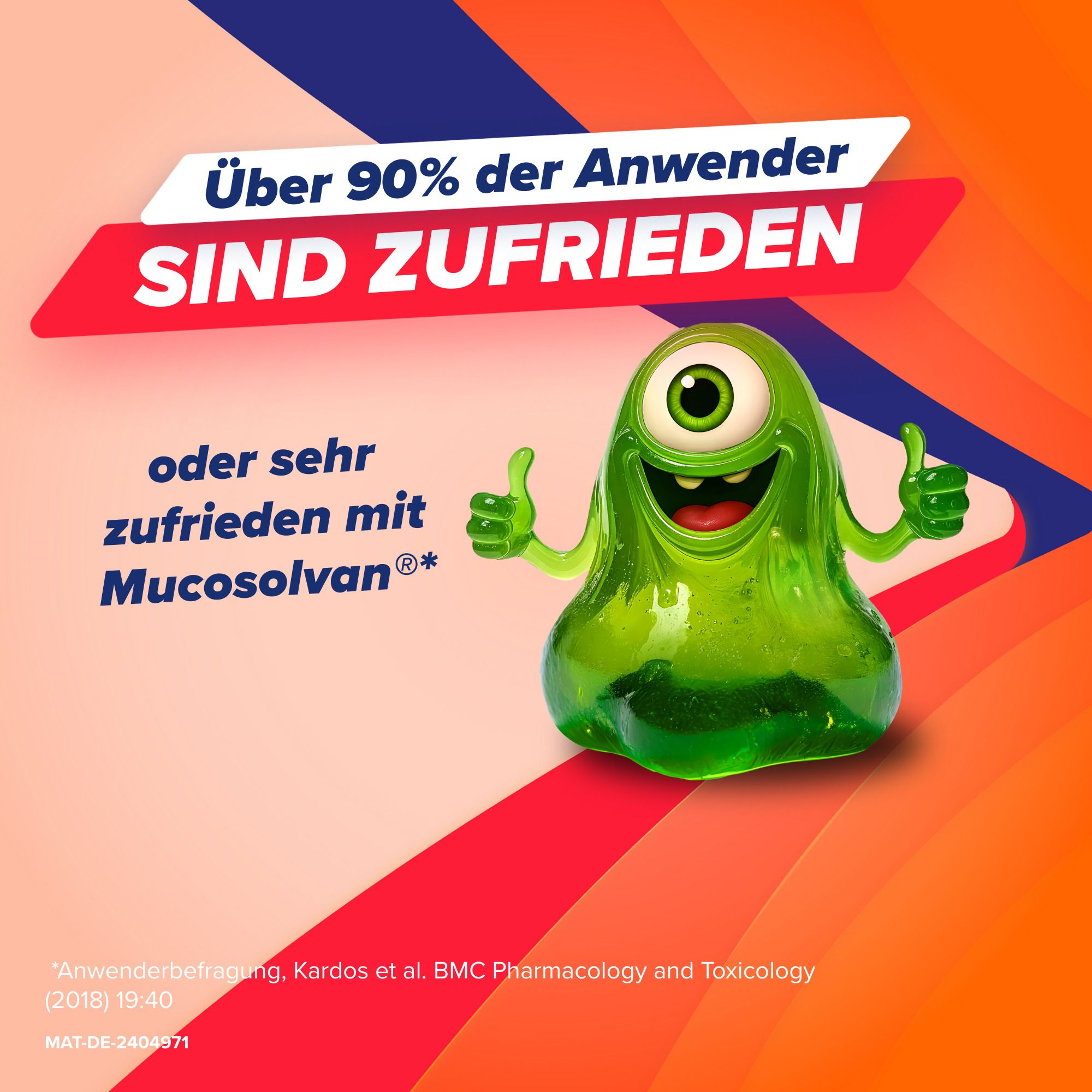Grüne Cartoon-Figur mit Daumen hoch. Text: Über 90% der Anwender sind zufrieden.