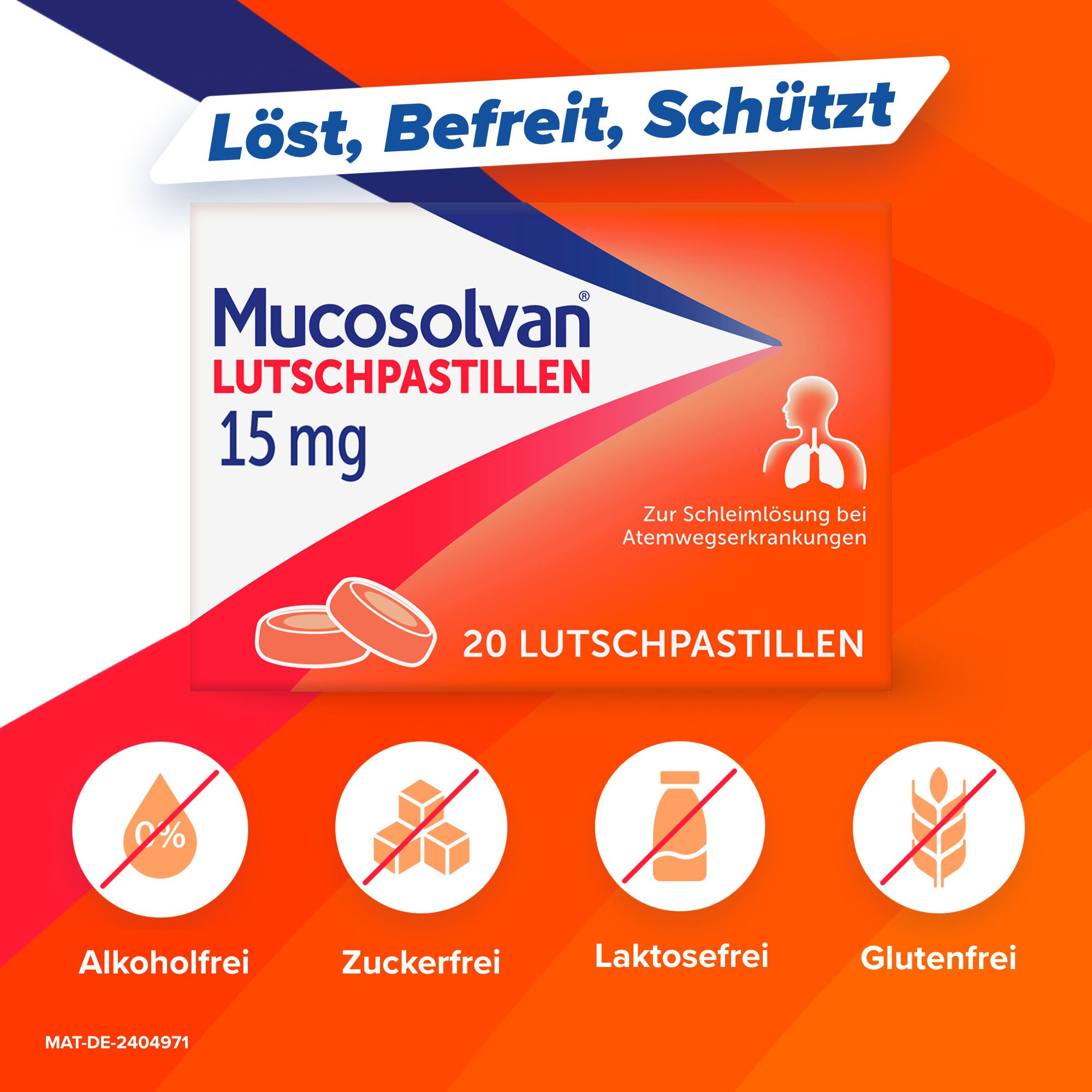 Packung Mucosolvan Lutschpastillen. Aufdruck: 15 mg, 20 Lutschpastillen. Symbole: alkoholfrei, zuckerfrei, laktosefrei, glutenfrei.