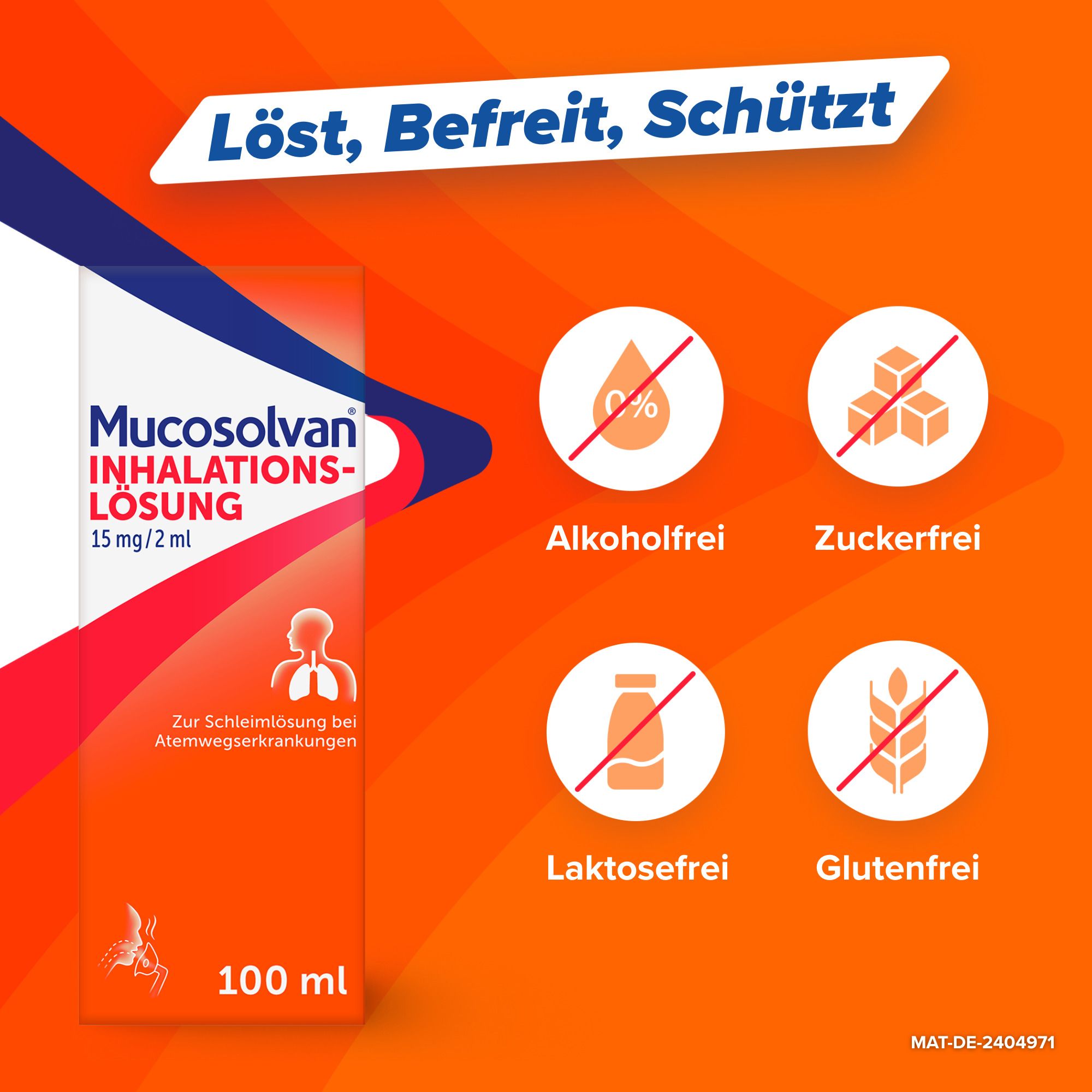 Packung Mucosolvan Inhalationslösung. Text: Alkohol-, Zucker-, Laktose- und Glutenfrei.