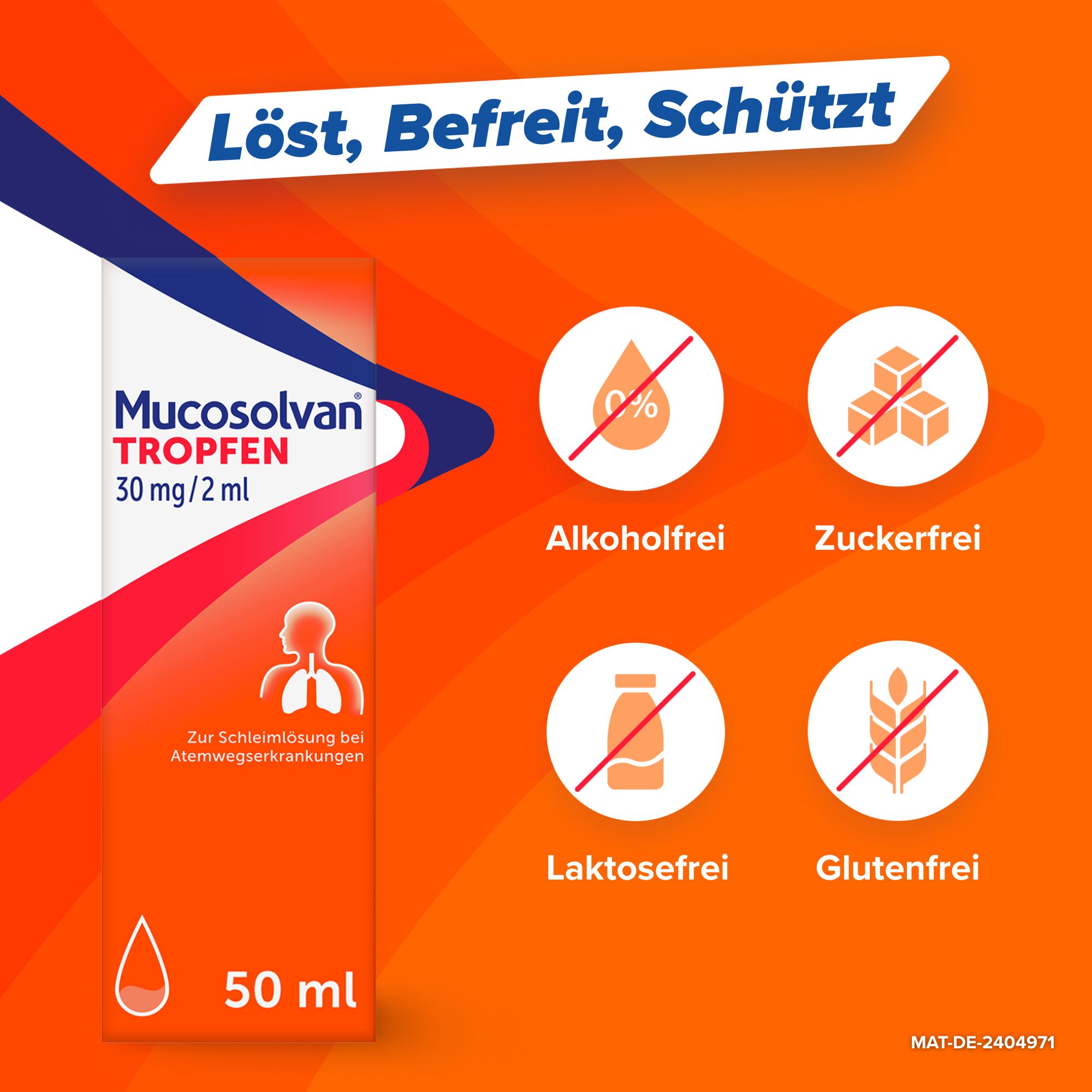Produktverpackung mit Text: Mucosolvan Tropfen, 30mg/2ml. Icons: Alkoholfrei, zuckerfrei, laktosefrei, glutenfrei.