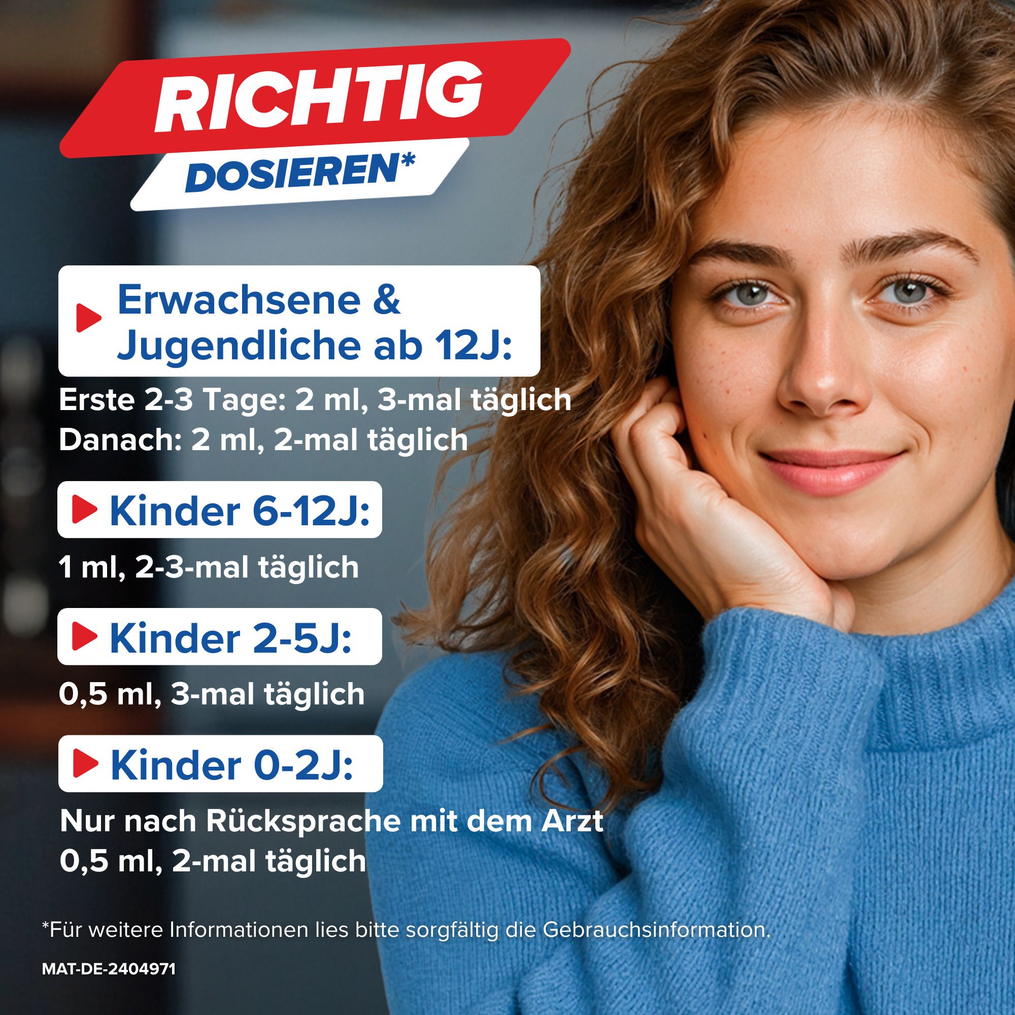 Frau liest Dosierungshinweise. Text: Richtig dosieren. Dosierung für Erwachsene, Kinder.