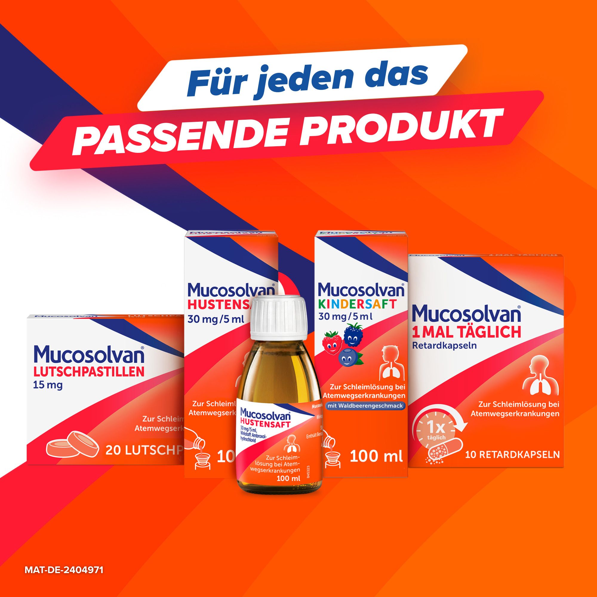 Verschiedene Mucosolvan Produkte. Flaschen, Tabletten, Saft. Text: Für jeden das passende Produkt.