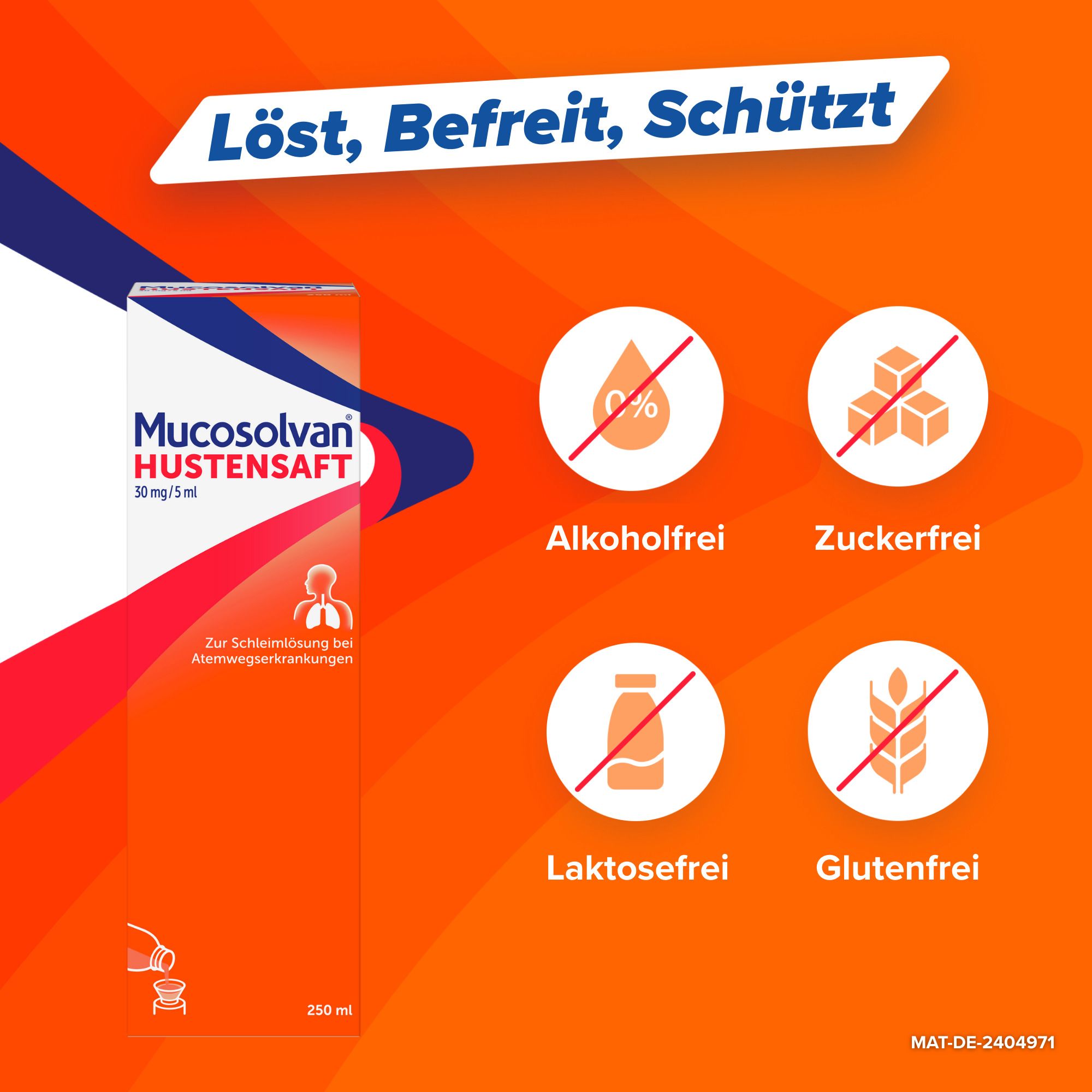Schachtel Mucosolvan Hustensaft. Text: Alkohol-, Zucker-, Laktose- und Glutenfrei.