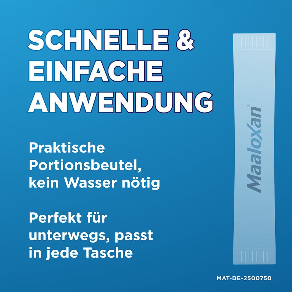 Text: Schnelle & einfache Anwendung. Praktische Portionsbeutel, kein Wasser nötig. Perfekt für unterwegs, passt in jede Tasche. Maaloxan-Beutel.