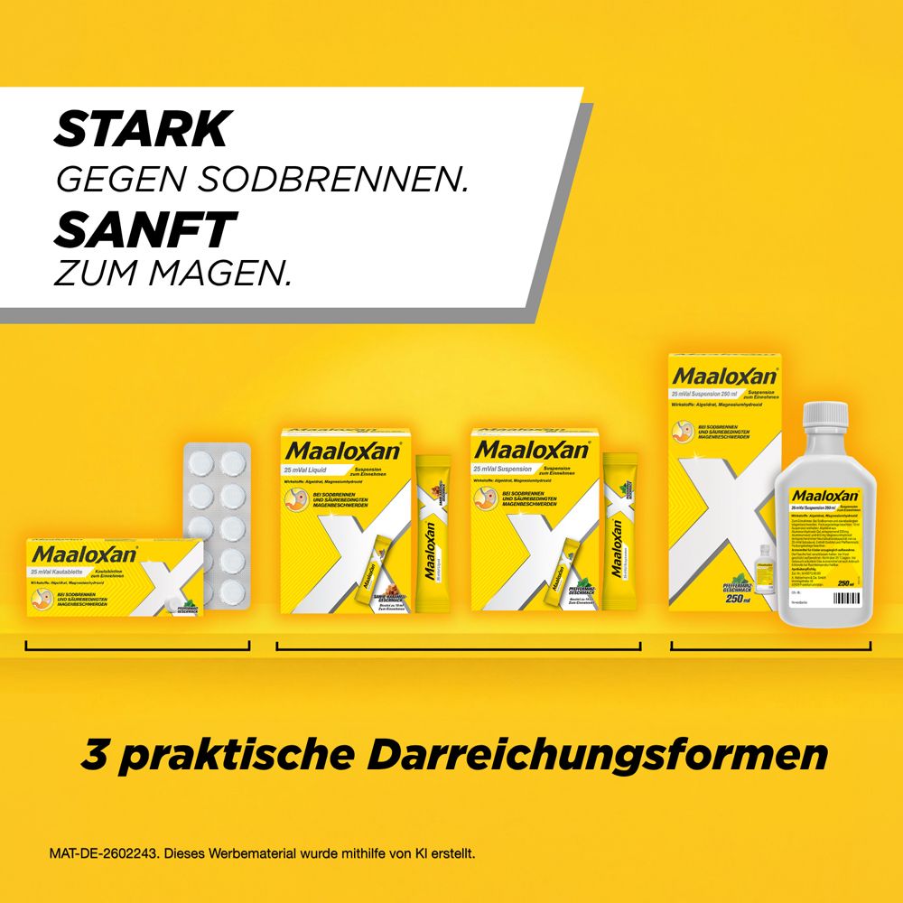 Maaloxan Packungen, Beutel und Flasche. Text: "Stark gegen Sodbrennen. Sanft zum Magen. 3 praktische Darreichungsformen."