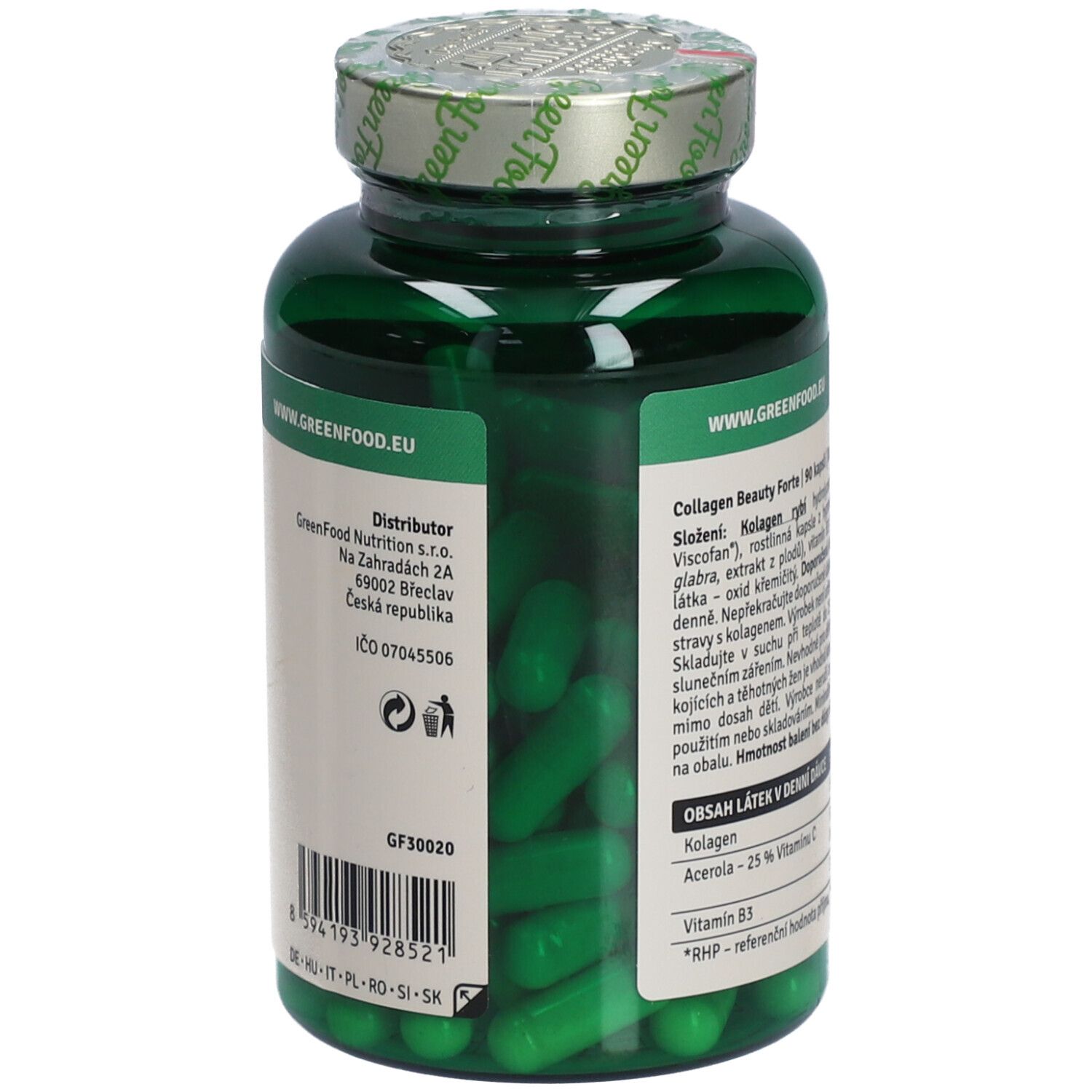 Grüne Kapseln in einer grünen Flasche. Etikett mit Inhaltsstoffen und Herstellerinformationen. Marke: GreenFood Nutrition.