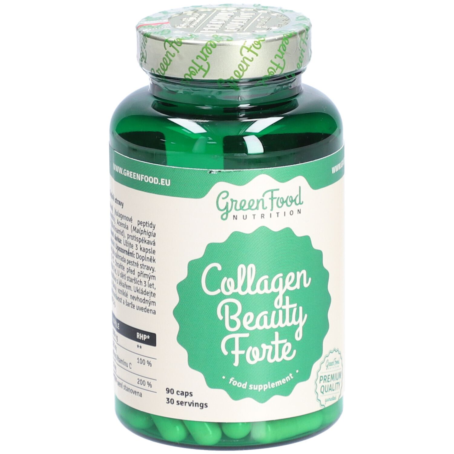 Grüne Kapseln in einer grünen Flasche. Auf dem Etikett steht "Collagen Beauty Forte" und "GreenFood Nutrition".