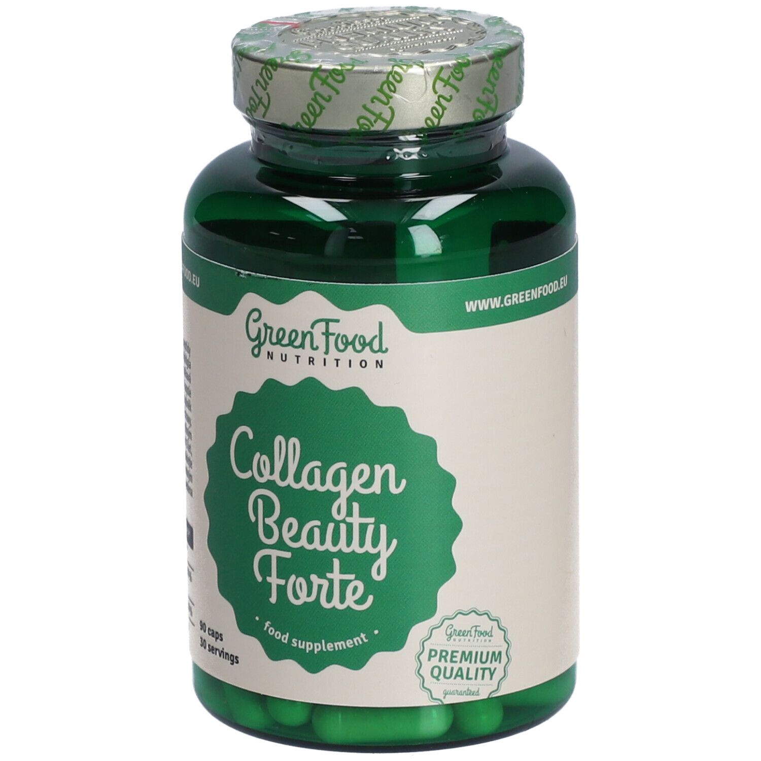 Grüne Kapseln in einer grünen Flasche. Auf dem Etikett steht "Collagen Beauty Forte" und "GreenFood Nutrition".