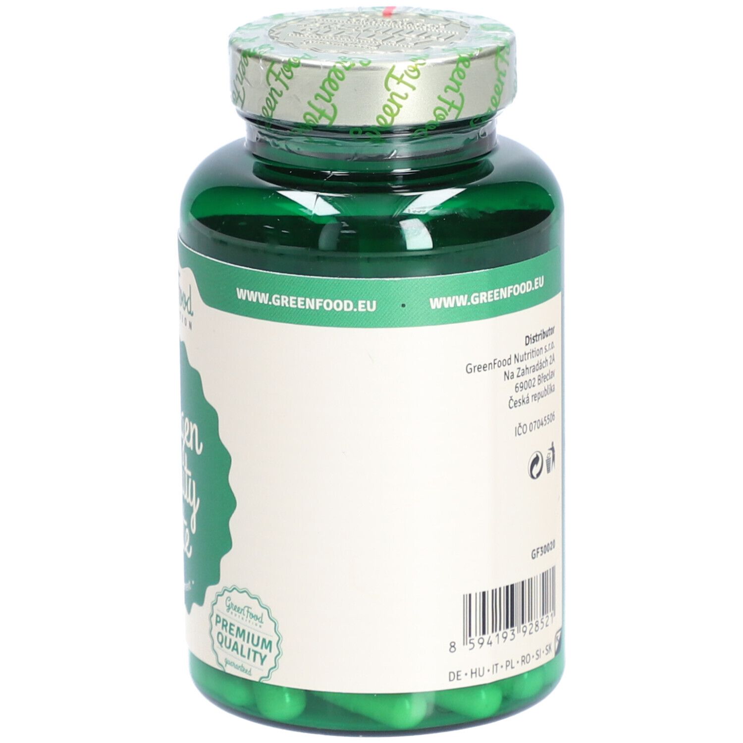 Grüne Kapseln in einer grünen Flasche. Etikett mit Herstellerinformationen und Barcode. Marke: GreenFood Nutrition.