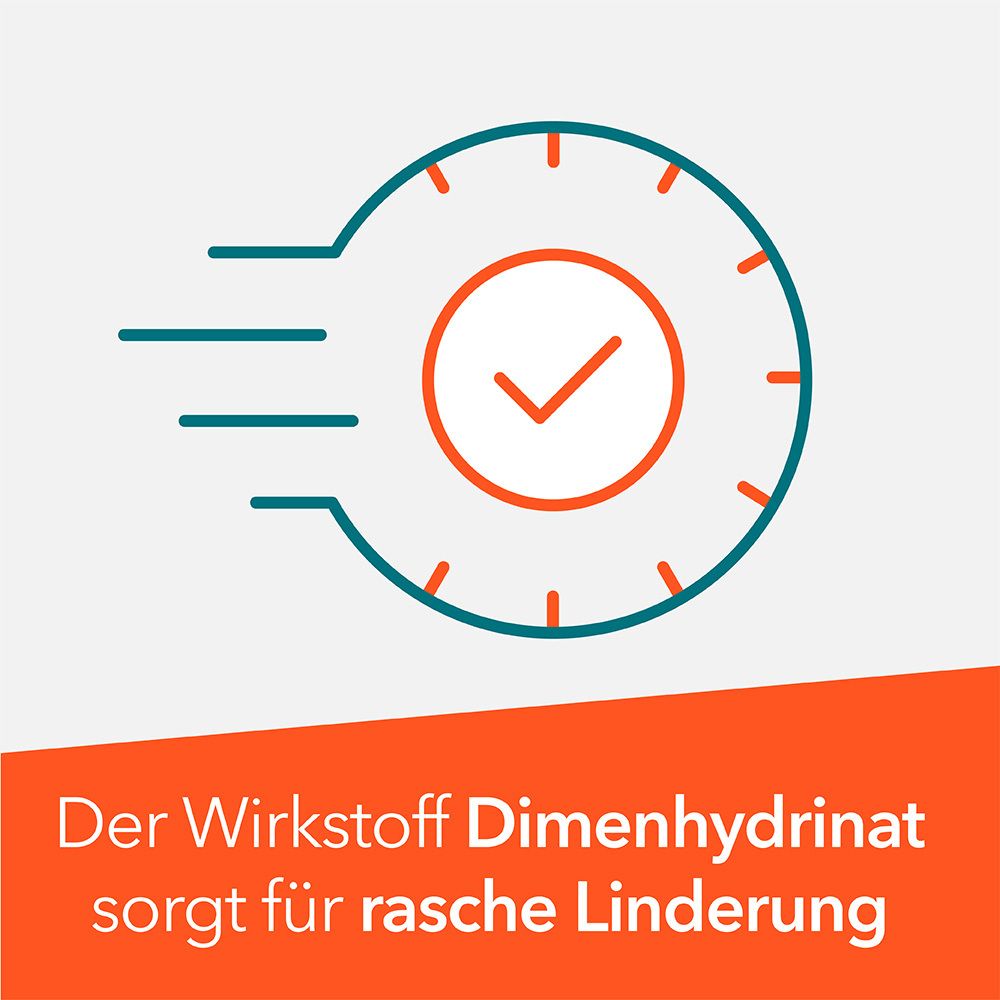 Grafik: Uhr mit Häkchen und Geschwindigkeitssymbol. Text: Der Wirkstoff Dimenhydrinat sorgt für rasche Linderung.