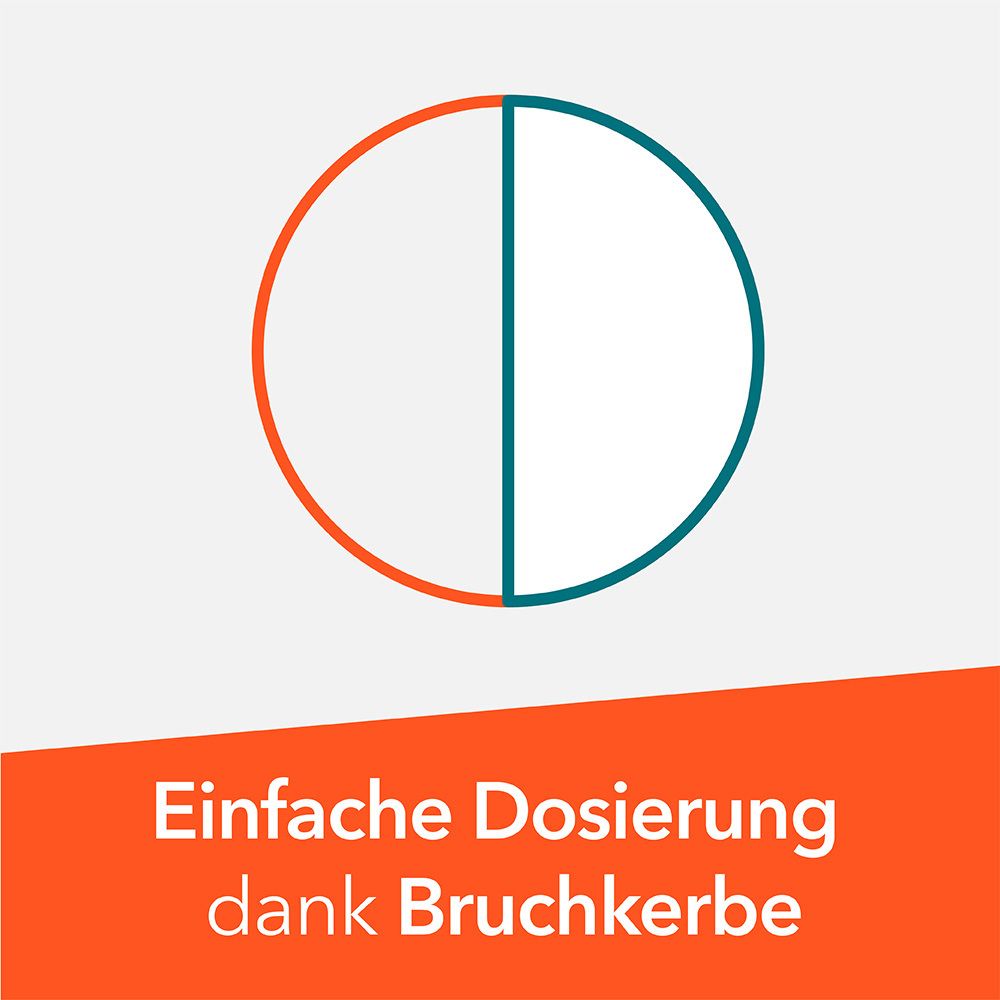 Grafik: Tablette geteilt. Text: Einfache Dosierung dank Bruchkerbe.