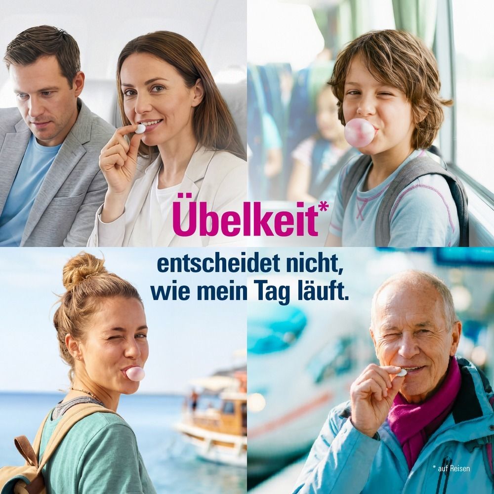 Collage: Menschen (Familie, Junge, Frau, älterer Mann) kauen Kaugummi in verschiedenen Reisesituationen. "Übelkeit" wird thematisiert.