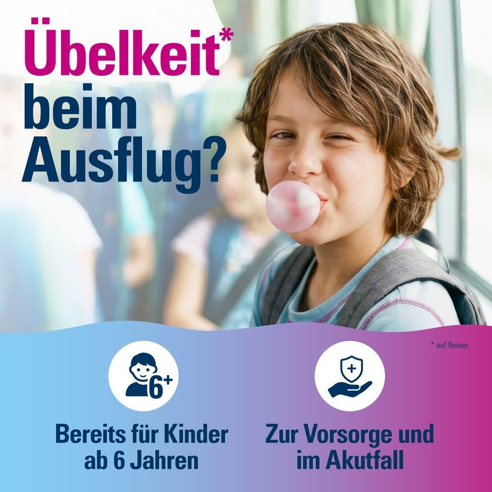 Junge mit Kaugummi, mit Text über Übelkeit beim Ausflug.