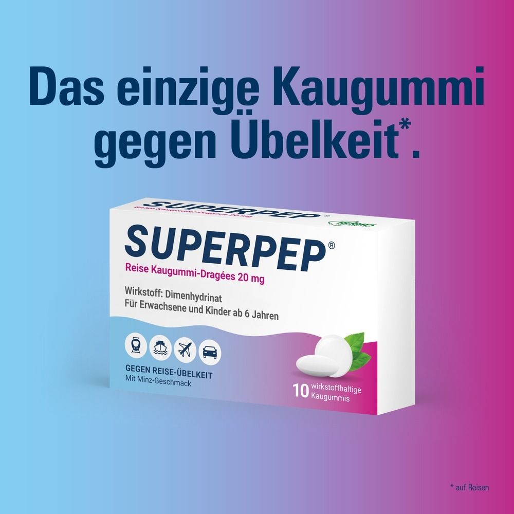 Verpackung von Superpep Reise Kaugummi Dragees gegen Übelkeit.