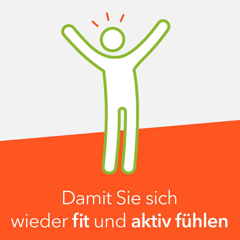 Strichmännchen mit erhobenen Armen. Text: Damit Sie sich wieder fit und aktiv fühlen. Hintergrund: orangefarben.