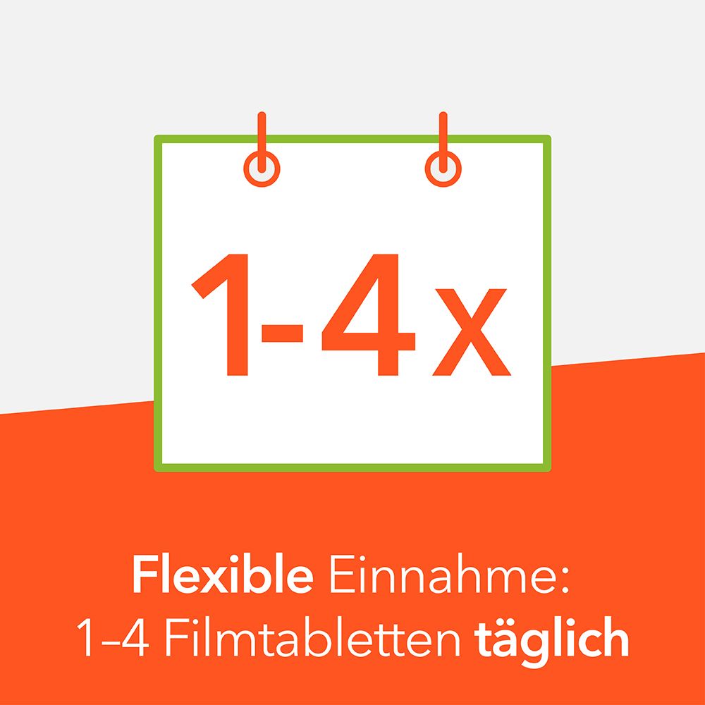Kalender mit Text: 1-4x. Text: Flexible Einnahme: 1-4 Filmtabletten täglich. Hintergrund: orangefarben.