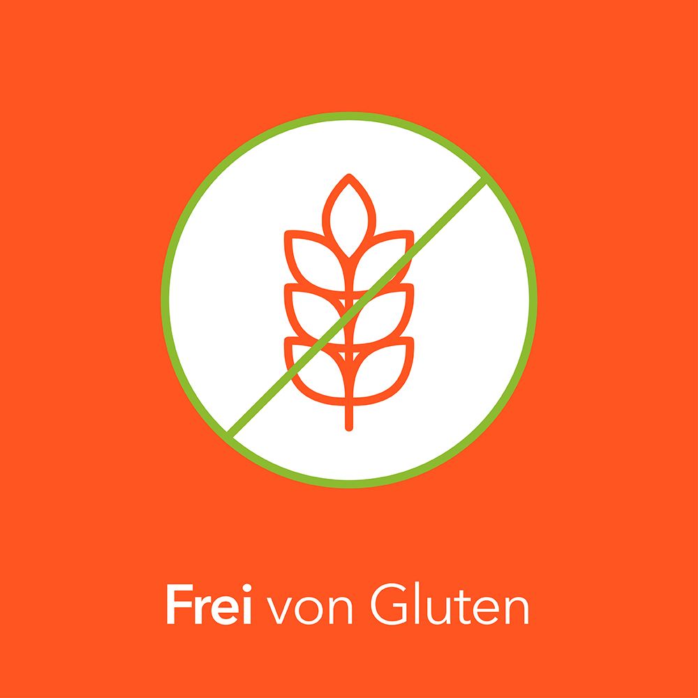 Symbol: Glutenfrei. Text: Frei von Gluten. Hintergrund: orangefarben.