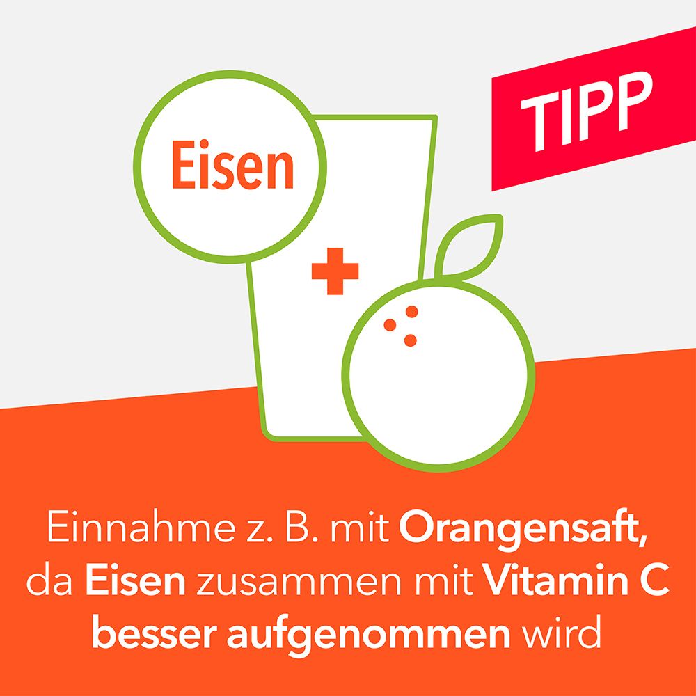 Symbol: Eisen und Orange. Text: Einnahme z.B. mit Orangensaft, da Eisen zusammen mit Vitamin C besser aufgenommen wird. Hintergrund: orangefarben.
