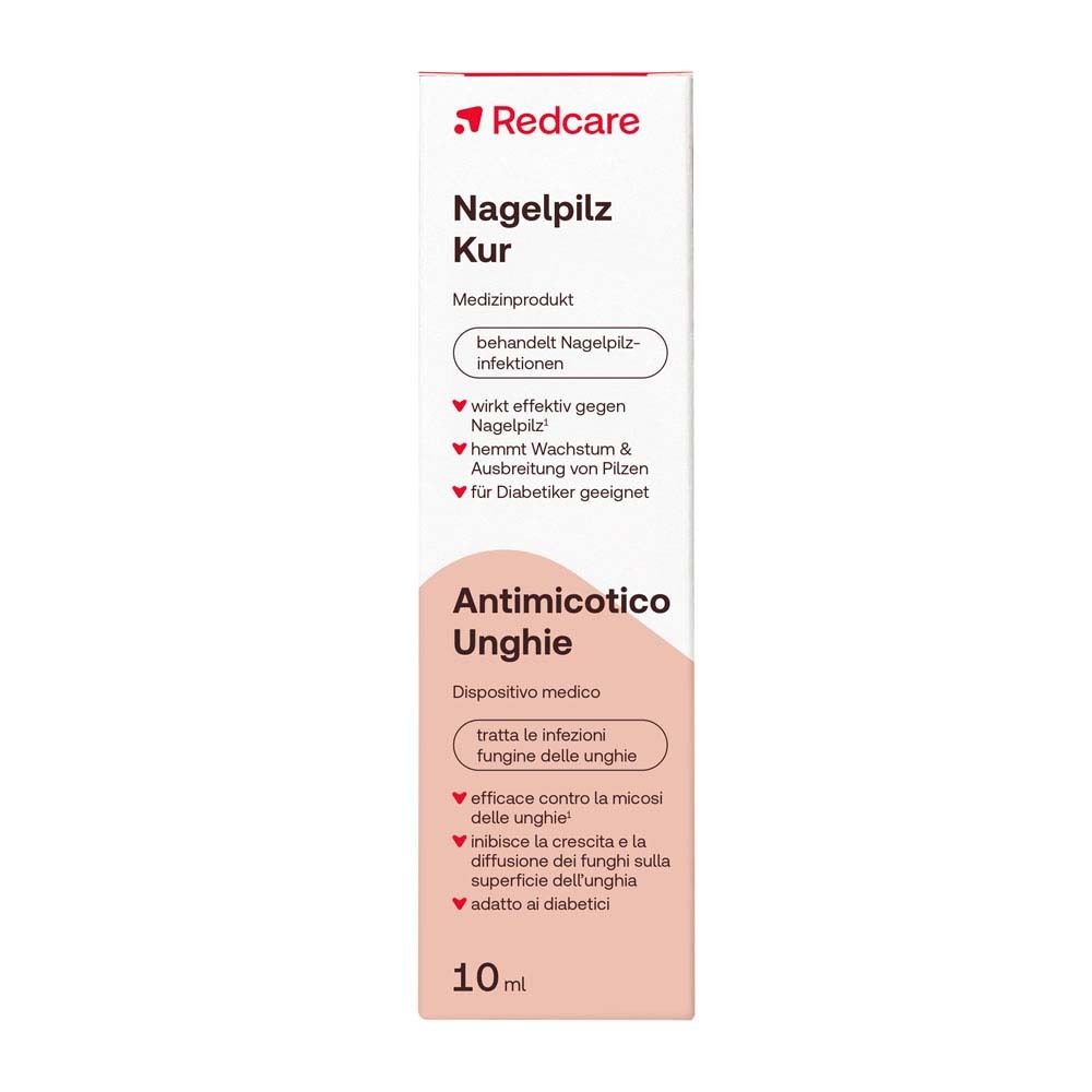 Verpackung der Redcare Nagelpilz Kur mit Anwendungshinweisen.