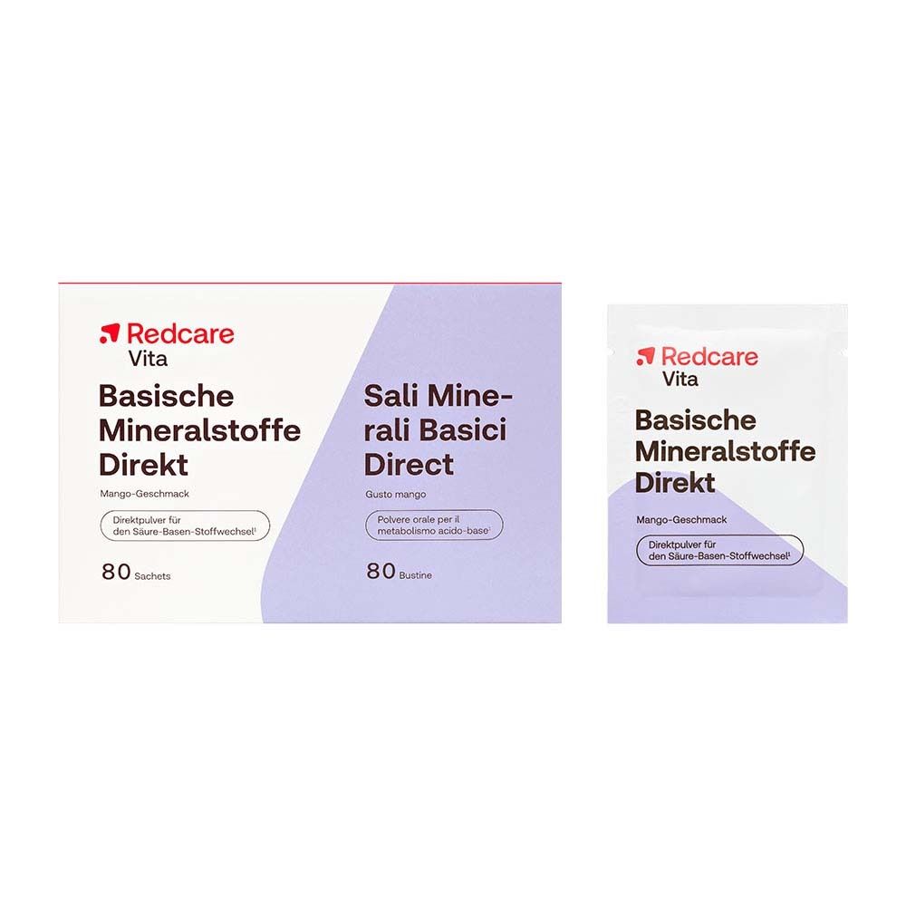 Packung und Sachet Redcare Basische Mineralstoffe Direkt. Aufdruck: Mango-Geschmack, 80 Sachets.