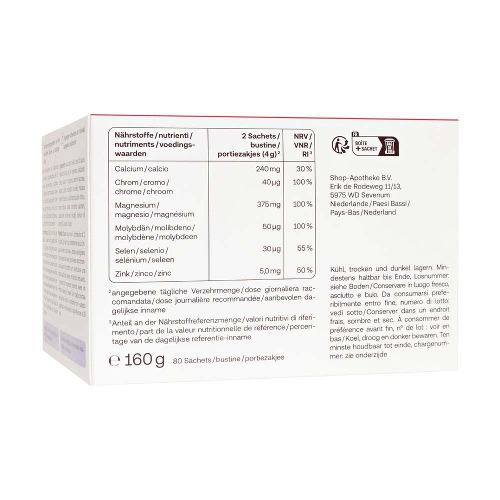 Rückseite der Verpackung Redcare Basische Mineralstoffe Direkt. Nährwerttabelle und Text.