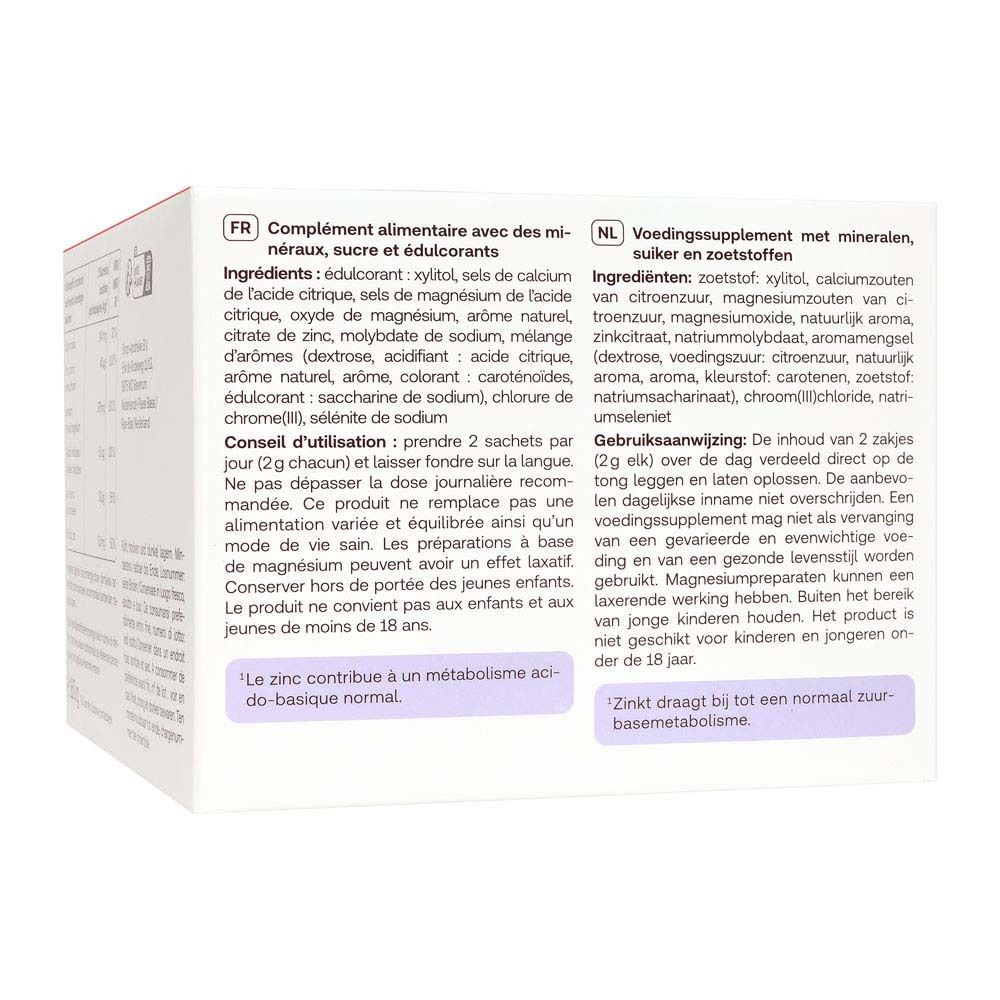 Rückseite der Verpackung Redcare Basische Mineralstoffe Direkt. Text in Französisch und Niederländisch.