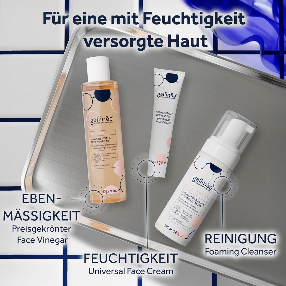 Drei Gallinée-Hautpflegeprodukte: Face Vinegar, Universal Face Cream und Foaming Cleanser.