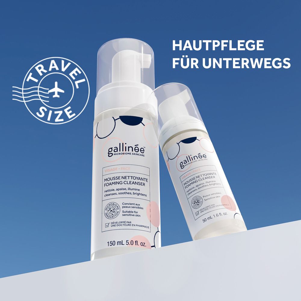 Zwei Gallinée Flaschen mit Pumpspender, eine davon als Reisegröße gekennzeichnet.
