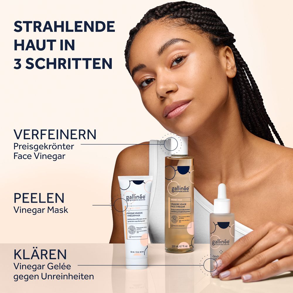Drei Gallinée Kosmetikprodukte: Face Vinegar, Vinegar Mask und ein Serum.
