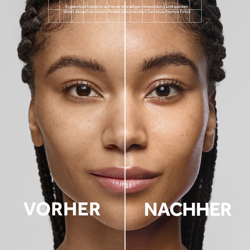 Vorher-Nachher-Vergleich des Gesichts einer Frau, der die Wirkung eines Hautpflegeprodukts zeigt.