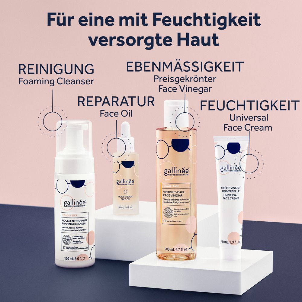 Vier Gallinée Kosmetikprodukte: Reinigungsschaum, Gesichtsöl, Gesichtswasser und Gesichtscreme.