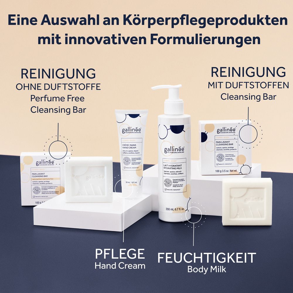 Auswahl an Gallinée Körperpflegeprodukten: Hand Cream, Body Milk, Cleansing Bar.