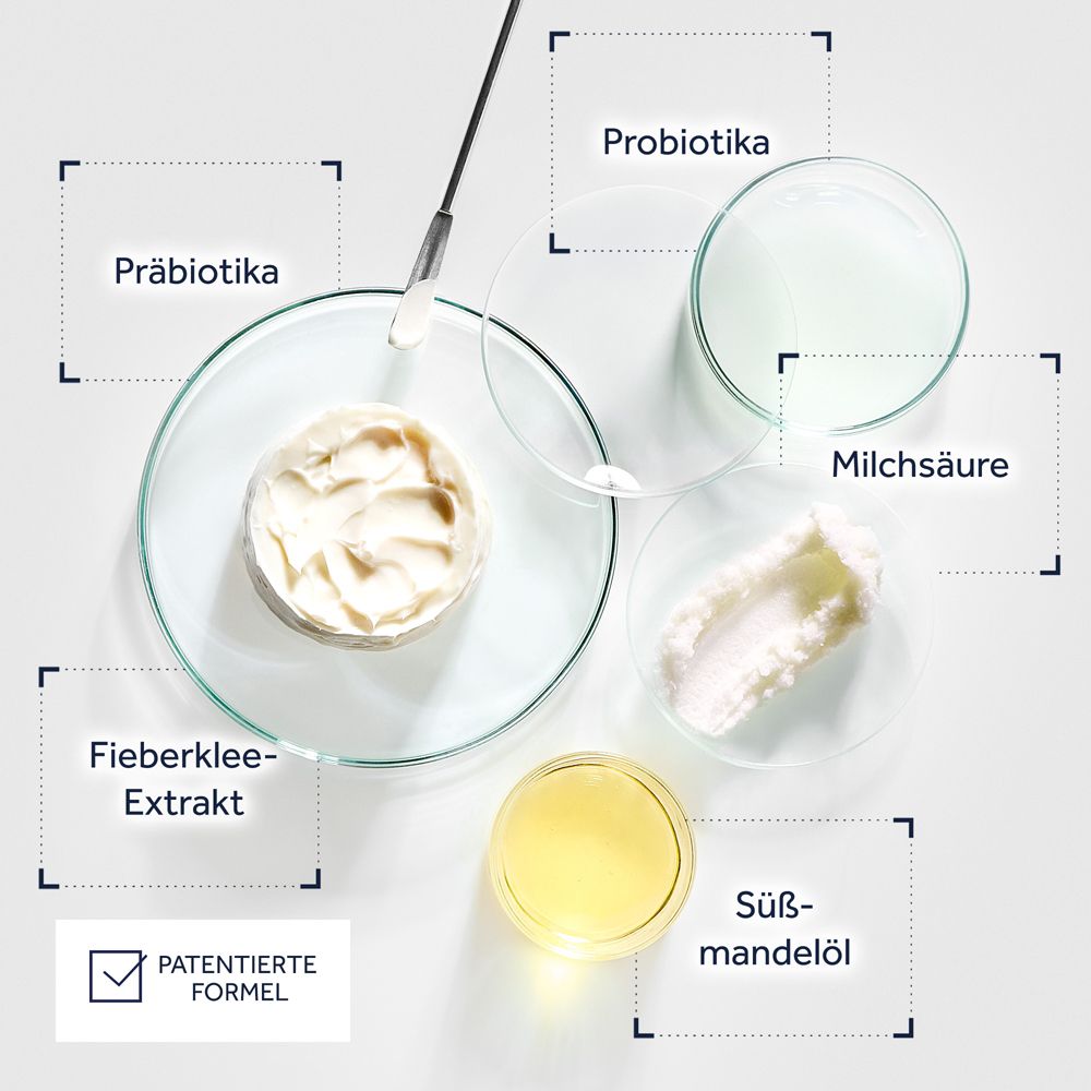 Petrischalen mit Probiotika, Präbiotika, Fieberklee-Extrakt, Milchsäure und Süßmandelöl. "Patentierte Formel" ist angegeben.