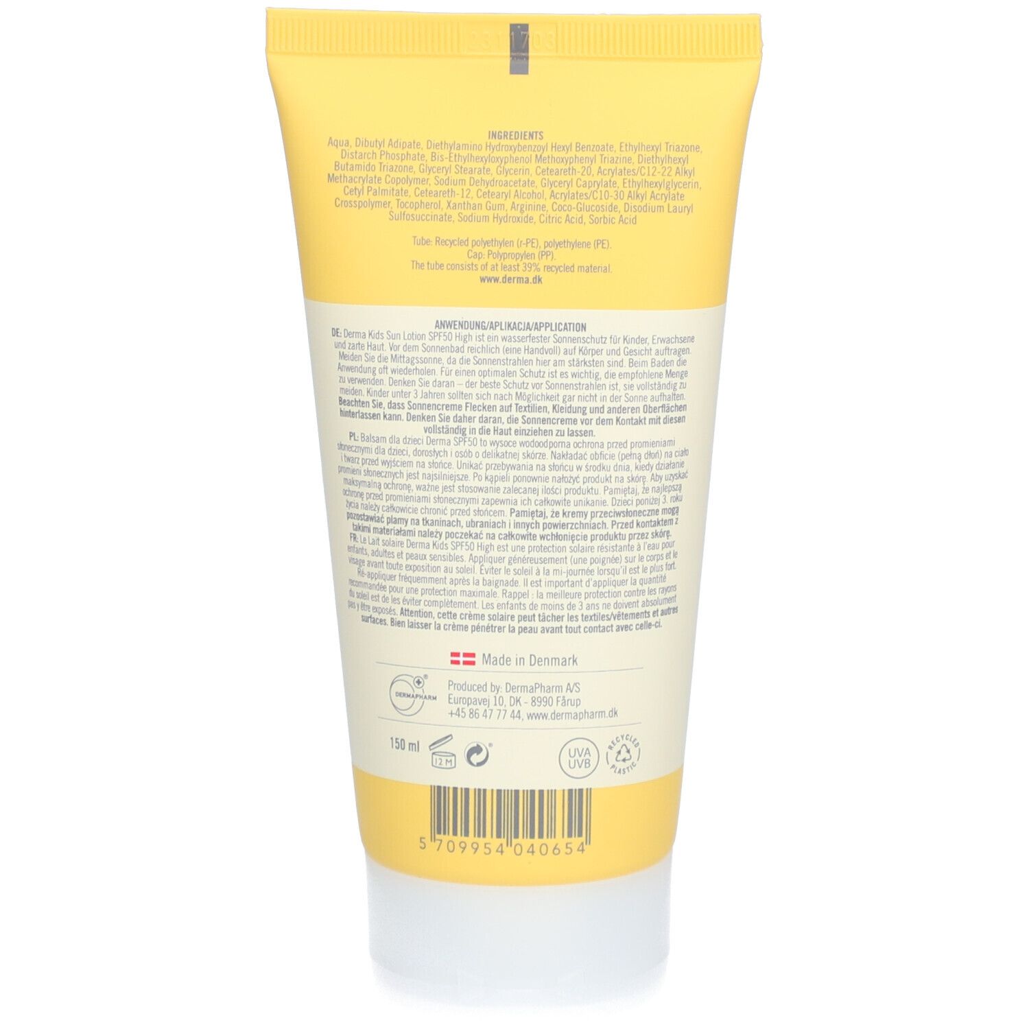 Rückseite der gelben Tube "Derma Kids Sun Lotion SPF 50". Text mit Inhaltsstoffen und Anwendungshinweisen.