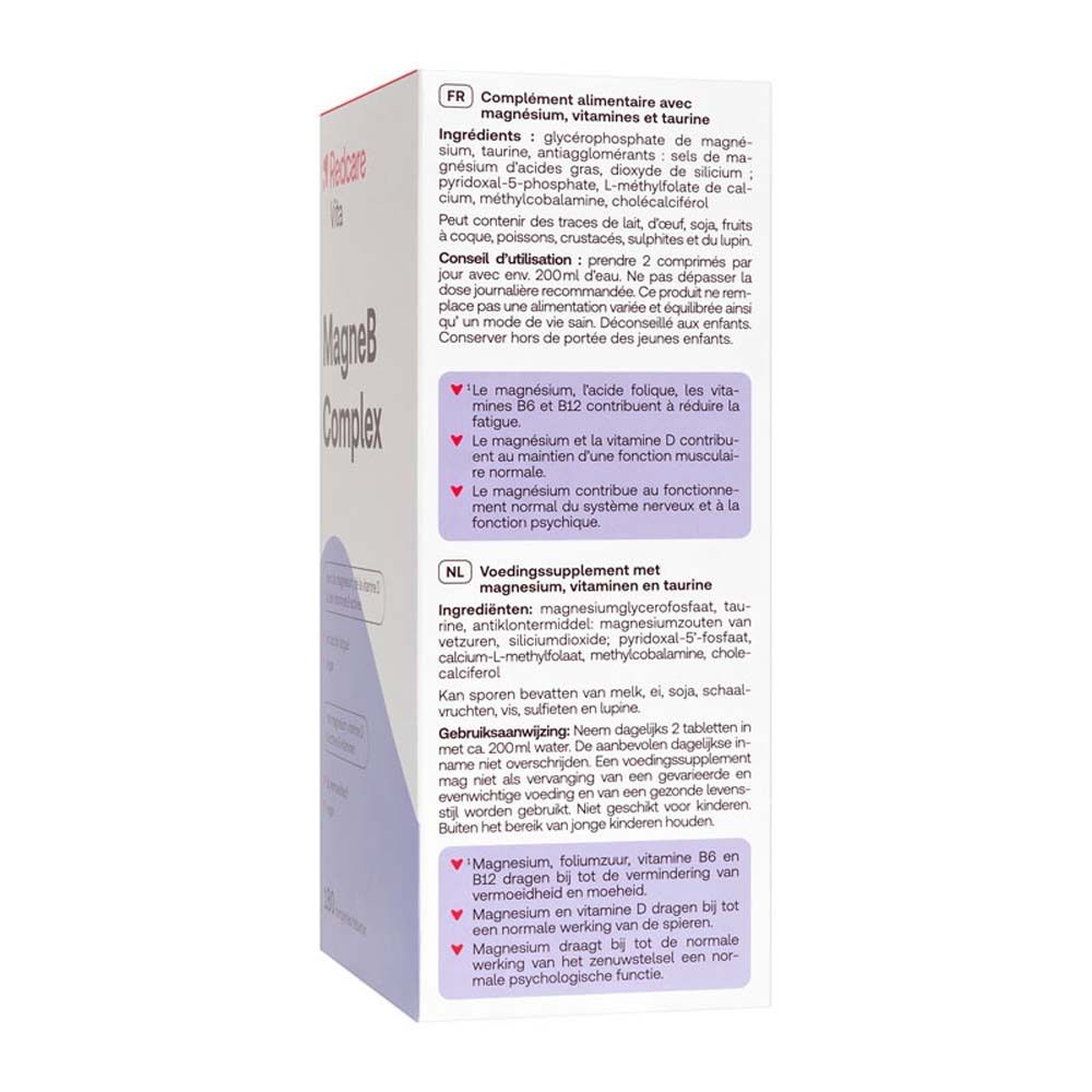 Rückseite der Schachtel mit Inhaltsstoffen und Dosierung von Redcare MagneB Complex. Text in Deutsch, Französisch, Italienisch, Niederländisch.