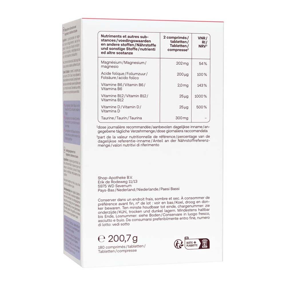 Rückseite der Schachtel mit Nährwertangaben und Herstellerinformationen von Redcare MagneB Complex. Text in Deutsch, Französisch, Italienisch, Niederländisch.
