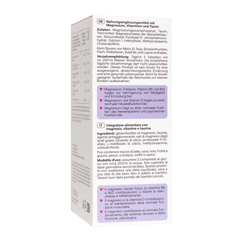 Seite der Schachtel mit Inhaltsstoffen und Anwendungshinweisen von Redcare MagneB Complex. Text in Deutsch, Französisch, Italienisch, Niederländisch.